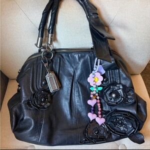 Coach Madison Black Leather Shoulder Bag with Floral Details